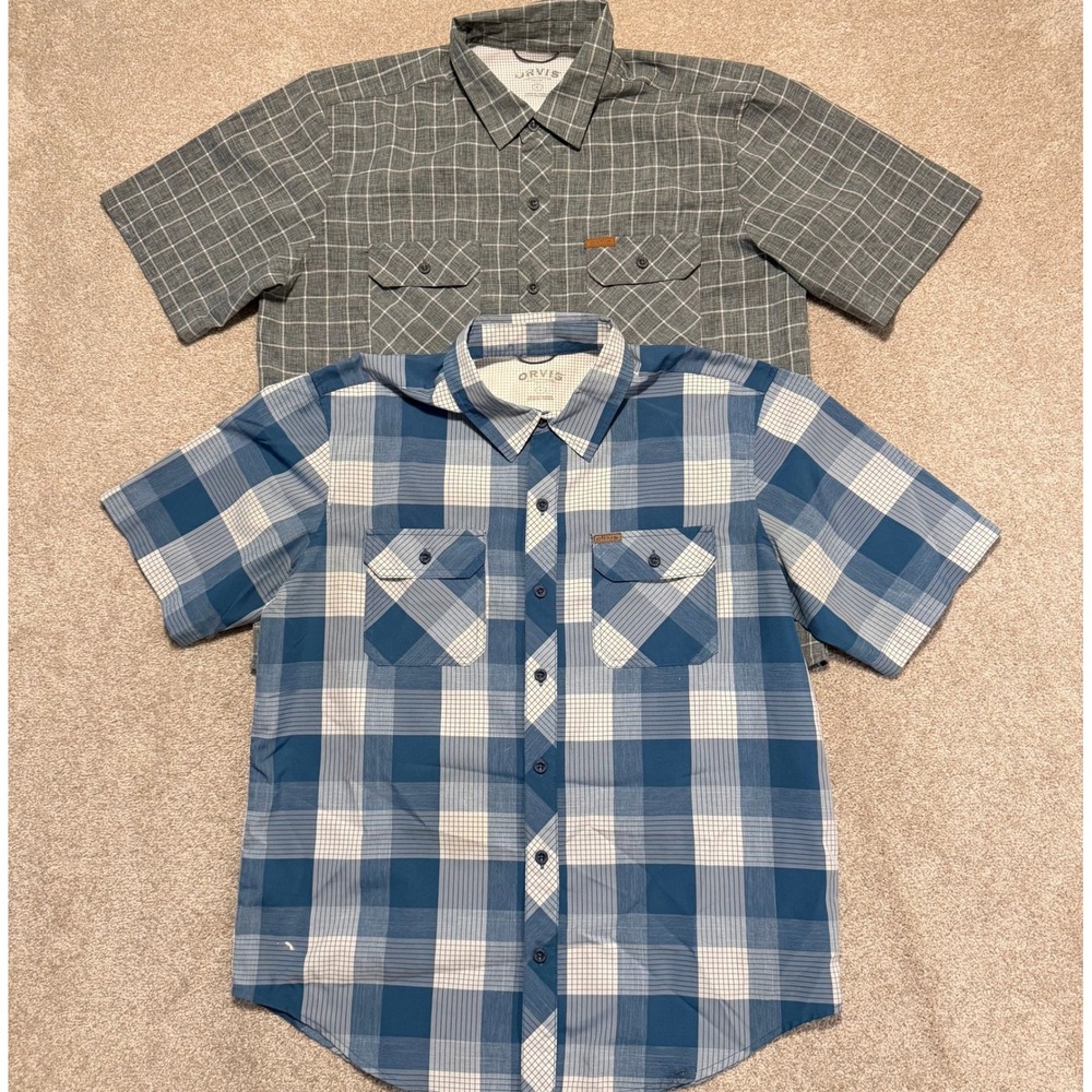 Orvis Button Down Shirt Mens Large Blue Grey Plaid Lot of 2 Short Sleeve Outdoor
